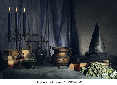 Witch Accessories In Dark Room