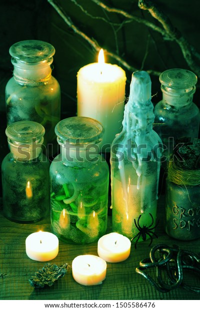 Witch Apothecary Jars Magic Potions Book Stock Photo Edit Now