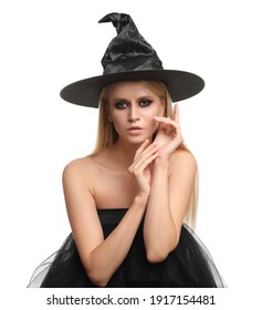 Witch In Black Hat Isolated On White. Scary Fantasy Character