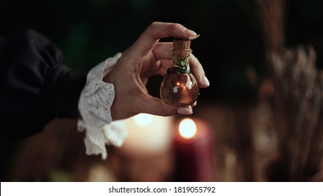 the witch cooks an elixir with herbs in a cauldron - Shutterstock ID 1819055792