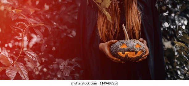 Witch Holding Pumpkin Carved Halloween Horror Stock Photo Shutterstock