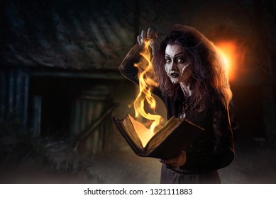 Witch Holds Spellbook, Dark Powers Of Witchcraft