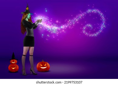 Witch On Halloween Making Witchcraft, Magical Fireball, Spells. Female Wizard Fairy Character For All Saints' Day. Fantasy Gothic Red-haired Vampire Girl In Carnival Black Dress. Woman Enchantress