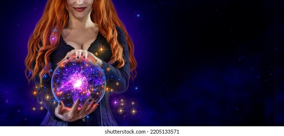 Witch On Halloween Making Witchcraft, Magical Fireball, Spells. Female Wizard Fairy Character For All Saints' Day. Fantasy Gothic Red-haired Vampire Girl In Carnival Black Dress. Woman Enchantress