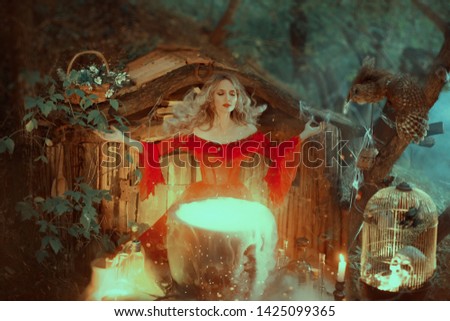 witch in a red dress with bare shoulders of the Baroque era, is preparing a poison. The sorceress calls upon the powers of magic the mentality fills her potion. with a gust of wind her hair flies away