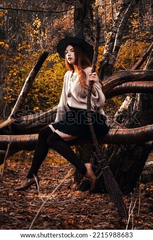 A witch woman with a broom in a black hat is sitting on a tree in the autumn forest. Halloween concept.
