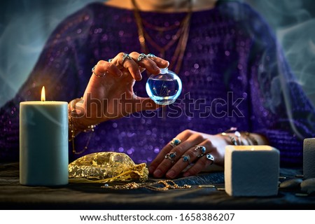 Witch woman using magical elixir potion bottle for love spelling, witchcraft, divination and fortune telling. Magic illustration and alchemy