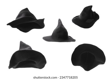 Witch wool hat isolated on white background. Halooween cloth. 