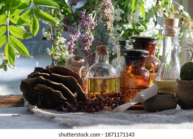 Witchcraft. Magic Potions On The Witch Doctor Table.