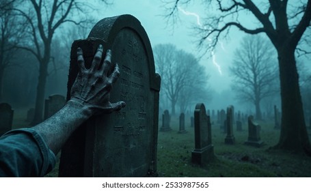 A withered zombie hand, gripping the edge of an ancient tombstone in an overgrown graveyard