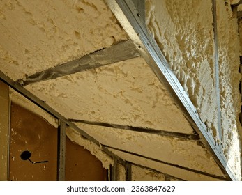 without thermal bridges. Insulation is quick and does not require complex construction modifications. we use different types of insulation: cellulose, glass wool, basalt wool, polystyrene - Shutterstock ID 2363847629