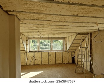 without thermal bridges. Insulation is quick and does not require complex construction modifications. we use different types of insulation: cellulose, glass wool, basalt wool, polystyrene - Shutterstock ID 2363847637
