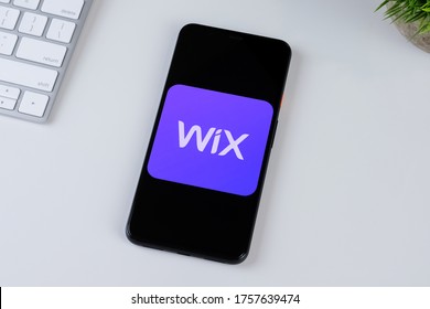 Wix app logo on a smartphone screen. Manhattan, New York, USA May 2, 2020.