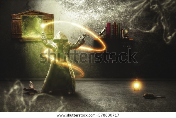 Wizard casting a spell on a fantasy monster. It\
is a doll, not a real\
person.