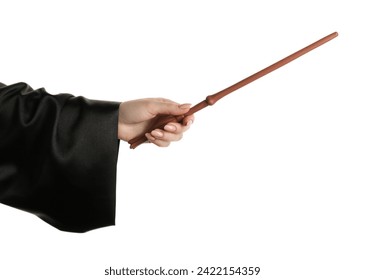 Wizard holding magic wand on white background, closeup