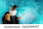 Wizard old man casting spell with magic wand colorful smoke background