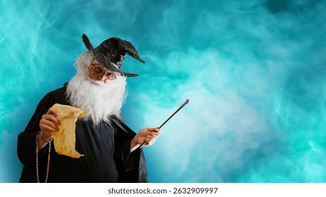 Wizard old man casting spell with magic wand colorful smoke background