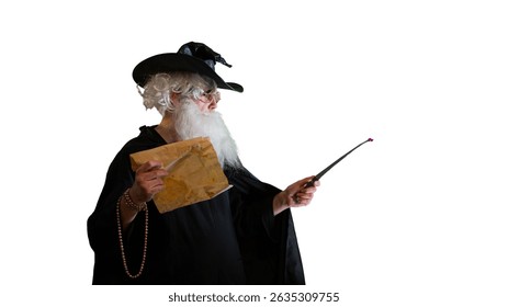Wizard old man casting spell with magic wand