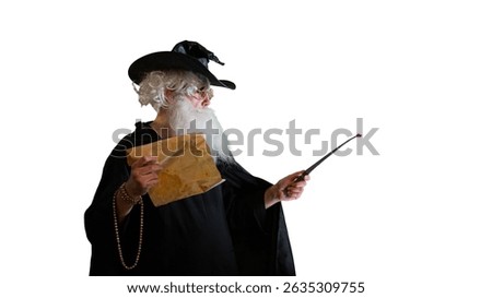 Wizard old man casting spell with magic wand