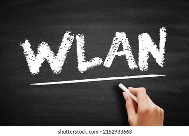 WLAN - Wireless Local Area Network is a wireless distribution method for two or more devices, acronym text concept on blackboard
