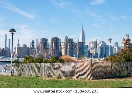 WNYC Transmitter Park in Greenpoint Brooklyn New York with a view of the Midtown Manhattan Skyline