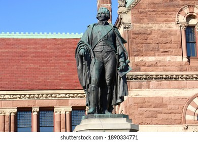 Woburn, MA - December 27 2020: Statue Of Benjamin Thompson In Front Of Woburn Public Library