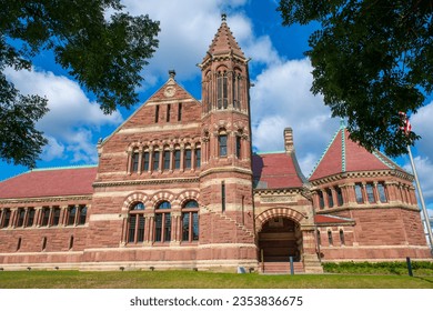 Woburn Public Library with Richardsonian Romanesque style at 45 Pleasant Street in historic city center of Woburn, Massachusetts MA, USA. 