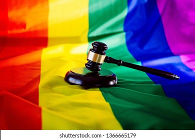 Woden Judge Mallet Symbol Of Law And Justice With Lgbt Flag In Rainbow Colours. Lgbt Rights And Law