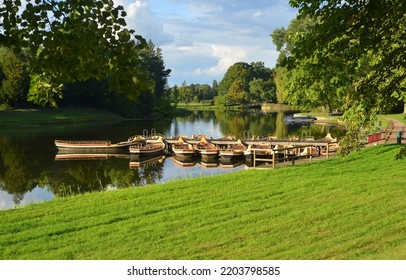 Woerlitz, Germany, beautiful view over gardens and the pond with boats - Shutterstock ID 2203798585