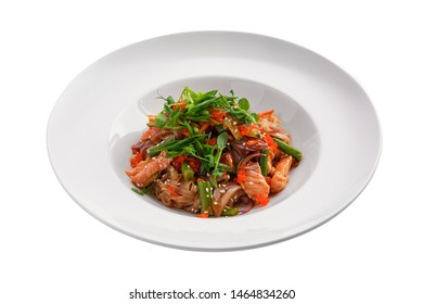 Wok With Salmon And Green Beans Isolated On White