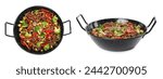 Wok with stir fried noodles, mushrooms and vegetables isolated on white, top and side views