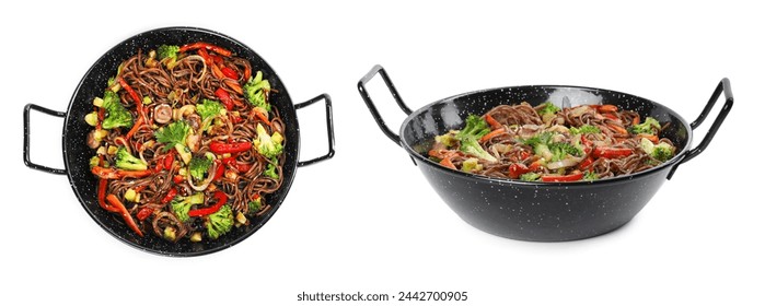 Wok with stir fried noodles, mushrooms and vegetables isolated on white, top and side views - Powered by Shutterstock