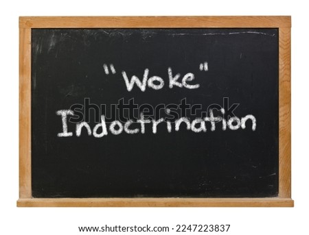 Woke indoctrination written in white chalk on a black chalkboard isolated on white