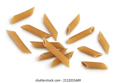 Wolegrain penne pasta from durum wheat isolated on white background with clipping path and full depth of field. Top view. Flat lay,