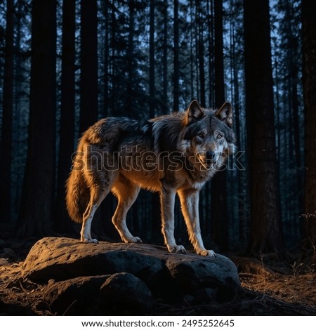 Wolf in the night Stand on the master of the mount in the forest