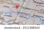 Wolf Point, Montana marked by a red map tack. The City of Wolf Point is the county seat of Roosevelt County, MT.