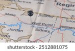 Wolf Point, Montana marked by a black map tack. The City of Wolf Point is the county seat of Roosevelt County, MT.