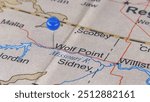 Wolf Point, Montana marked by a blue map tack. The City of Wolf Point is the county seat of Roosevelt County, MT.