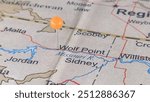 Wolf Point, Montana marked by an orange map tack. The City of Wolf Point is the county seat of Roosevelt County, MT.