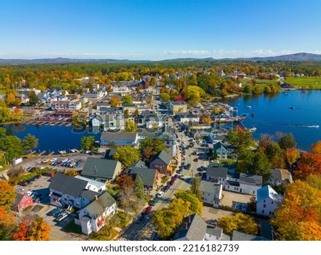 Wolfeboro historic town center at Lake Winnipesaukee aerial view in fall on Main Street, town of Wolfeboro, New Hampshire NH, USA. 