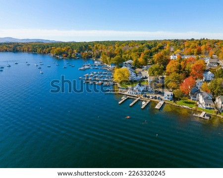 Wolfeboro historic town center at Lake Winnipesaukee aerial view in fall on Main Street, town of Wolfeboro, New Hampshire NH, USA. 