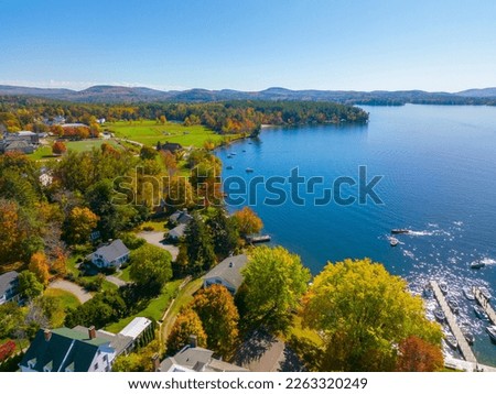 Wolfeboro historic town center at Lake Winnipesaukee aerial view in fall on Main Street, town of Wolfeboro, New Hampshire NH, USA. 