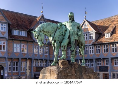 Wolfenbuttel, Germany - Nov 8th 2020: Augustus The Younger Was A Medieval Duke In Wolfenbüttel, Lower Saxony. His Statue Is Standing In Front Of Town Hall On Town Square.