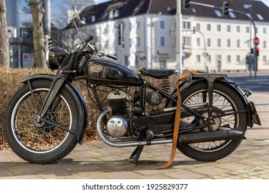 Wolfsburg, Germany - Feb 22nd 2021: Warm Spring Days Bring Also Motorcycles To City Streets. Vintage Zündapp Is Parked Downtown Wolfsburg.