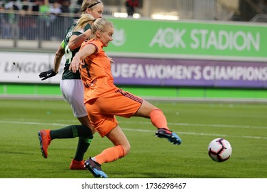 Wolfsburg, Germany, March 27, 2019: Ada Hegerberg And Nilla Fischer In Action During Soccer Match VfL Wolfsburg Vs Olympique Lyon At AOK Stadion.