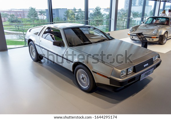WOLFSBURG, GERMANY - March 29, 2015. Delorean car\
from 1982 on display at Autostadt museum in Wolfsburg. The car from\
the movie back to the\
future.