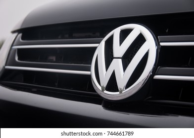 Wolfsburg, Germany - September 28, 2017 - Volkswagen logo. German automobile manufacturer headquartered in Wolfsburg, Lower Saxony, Germany. Volkswagen motor company emblem.