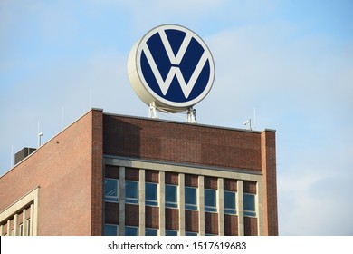 Wolfsburg, Lower Saxony / Germany - September 27, 2019: VW logo on the roof of headquarters of Volkswagen AG in Wolfsburg, Germany - VW is one of the world's leading manufacturers of automobiles