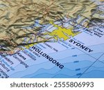 Wollongong, Sydney, a detailed atlas map of an Australian region, suitable to illustrate a travel destination or tourism background, world trade and economy