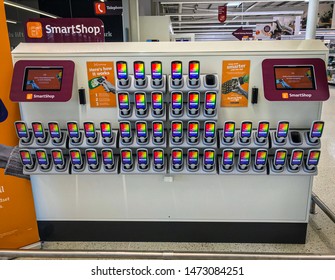 Wolverhampton, United Kingdom - August 5, 2019: The Sainbury's Wolverhampton SmartShop Area. Customers Tap The Handset Then Use Their Nectar Card To Start Smart Shopping.